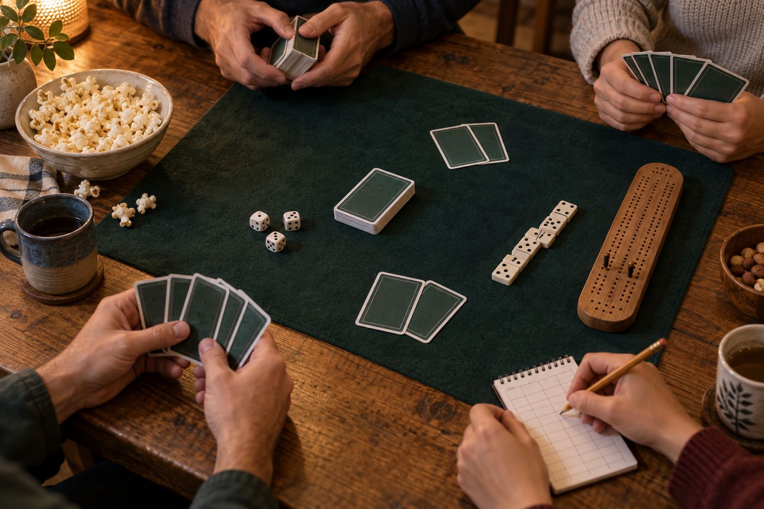 Hands around a wooden table on game night, with cards, dice, dominoes, a cribbage board, a score pad and a bowl of popcorn on a green felt mat.
